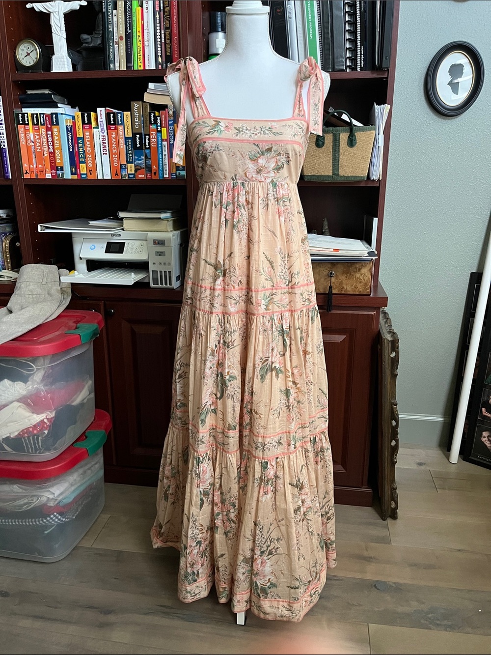 Zimmermann Peach Floral Tie-Shoulder Maxi Dress